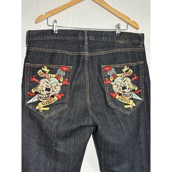 Ed Hardy Jeans Men 38 Death Or Glory Skull Embroidery Y2K Vintage Baggy Straight - Picture 1 of 15